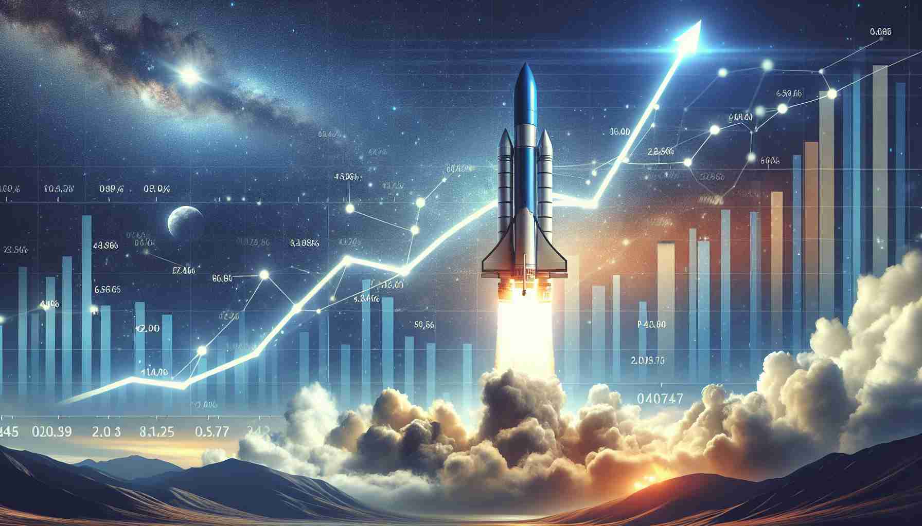 Create a photorealistic, high-definition image capturing the ascension of a Rocket Lab vehicle. The rocket, depicting advanced technology and engineering marvel, is soaring high in the sky. A background showing a financial bar chart with an upward trend is visible, signifying new funding and rapid success in launches. Ensure the scene carries an aura of achievement and progress.