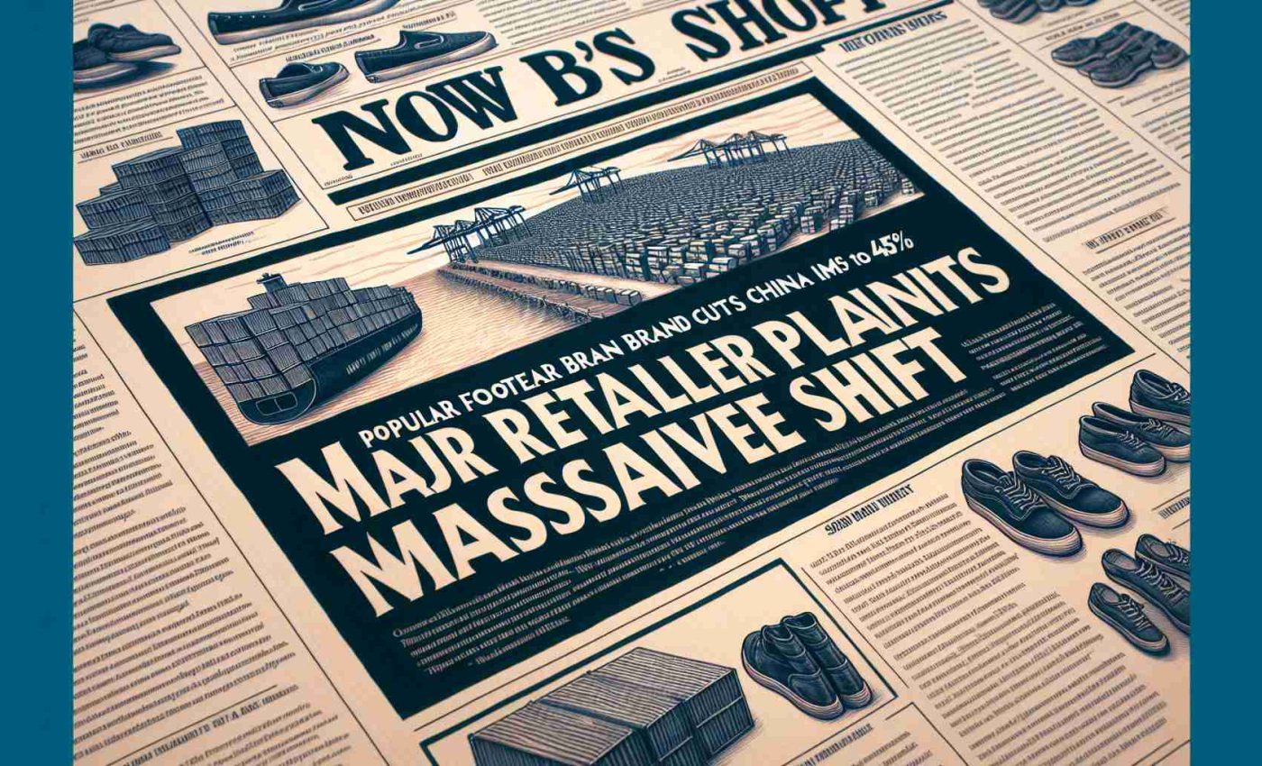 A detailed illustration of a newspaper article headlined 'Major Retailer Plans Massive Shift' with a subheading stating 'Popular Footwear Brand Cuts China Imports by 45%'. The article is laid out on a typical newsprint paper, complete with columns of text in small font, while the headline and subheading are in larger and bolder lettering. The article is accompanied by a picture of a pile of shoes and shipping containers, hinting at the content of the news.