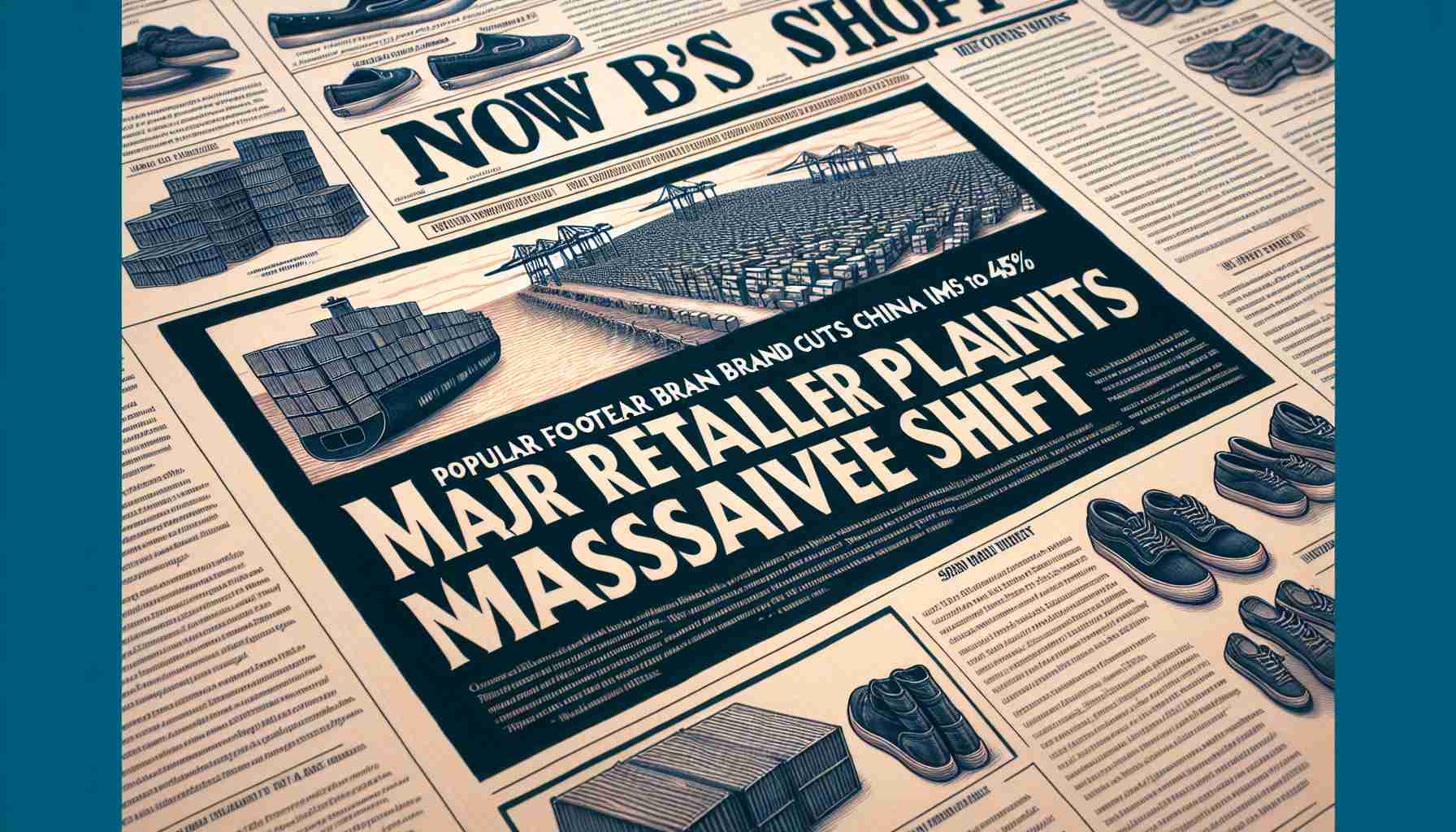 A detailed illustration of a newspaper article headlined 'Major Retailer Plans Massive Shift' with a subheading stating 'Popular Footwear Brand Cuts China Imports by 45%'. The article is laid out on a typical newsprint paper, complete with columns of text in small font, while the headline and subheading are in larger and bolder lettering. The article is accompanied by a picture of a pile of shoes and shipping containers, hinting at the content of the news.