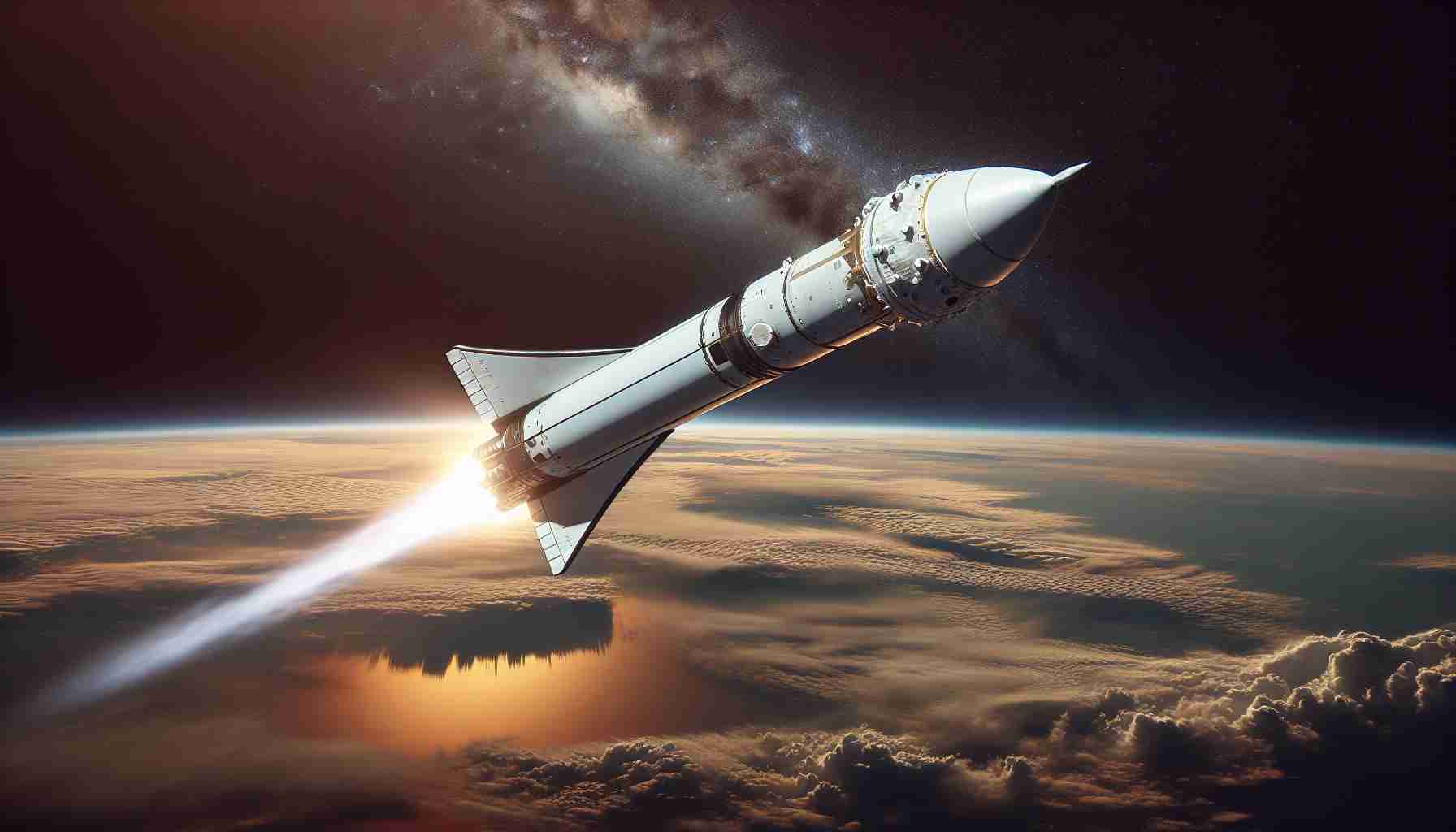 Generate a highly detailed, realistic image depicting the latest Falcon flight from a private space exploration company, soaring in the skies. The flight has a mixed outcome, so showcase both successful and challenging aspects of space travel, such as a smooth rocket launch, and a troubled re-entry or landing.