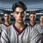 High-definition realistic photograph of a baseball team's star players posing in their uniforms, with expressions reflecting uncertainty, in the backdrop of their home stadium, moments before the start of the season opener.