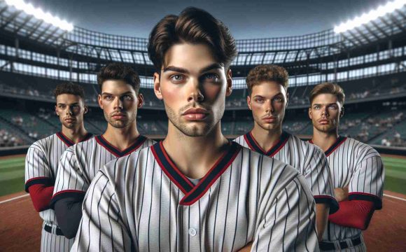 High-definition realistic photograph of a baseball team's star players posing in their uniforms, with expressions reflecting uncertainty, in the backdrop of their home stadium, moments before the start of the season opener.