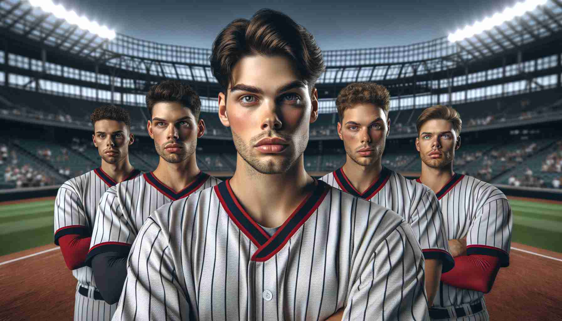 High-definition realistic photograph of a baseball team's star players posing in their uniforms, with expressions reflecting uncertainty, in the backdrop of their home stadium, moments before the start of the season opener.