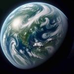 Generate a high-resolution, realistic image that showcases an Earth-like planet potentially hidden in the shadows of our solar system. This planet should display distinctive features associated with Earth, such as blue oceans, green landmasses, and swirling white clouds.