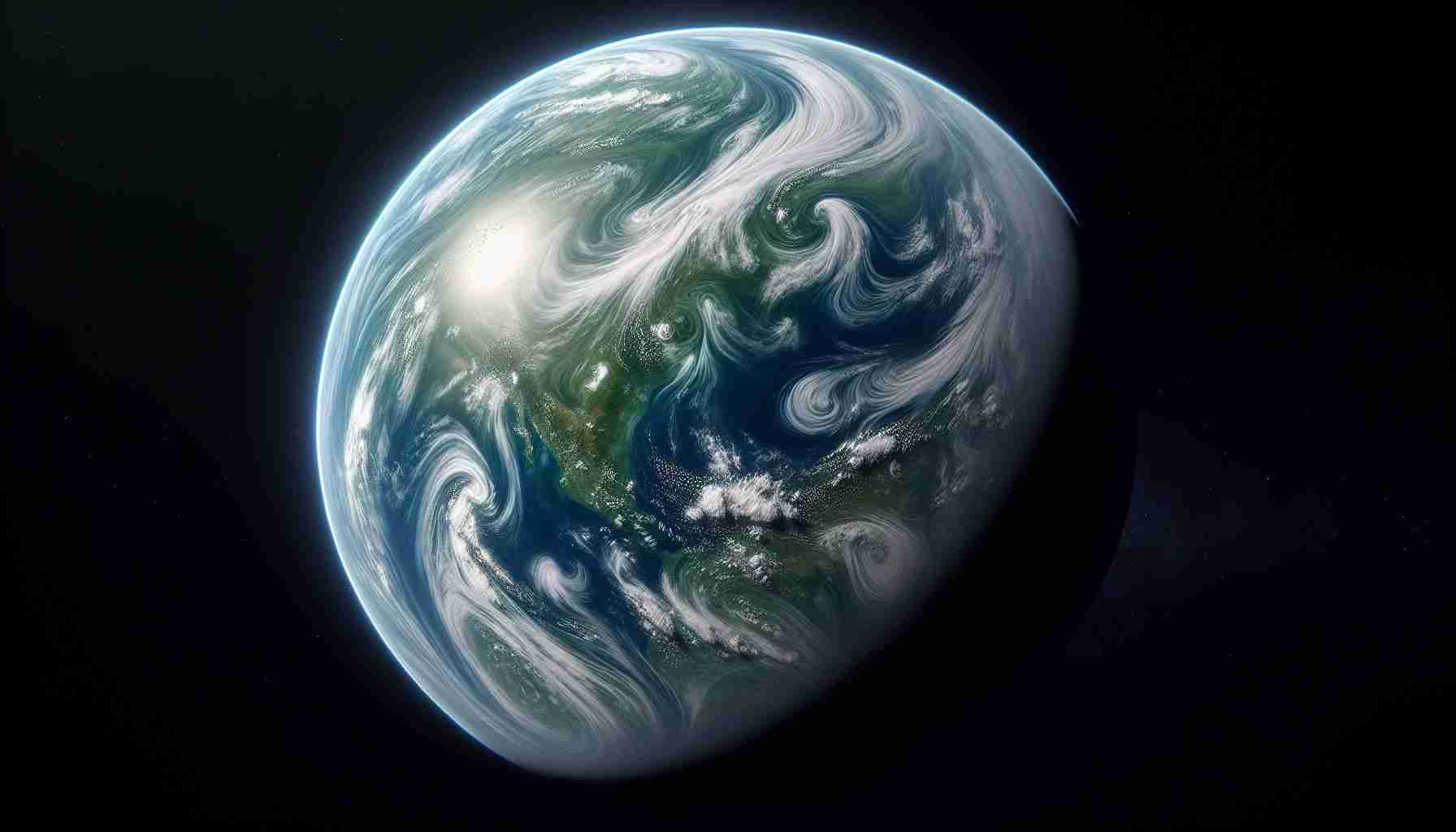 Generate a high-resolution, realistic image that showcases an Earth-like planet potentially hidden in the shadows of our solar system. This planet should display distinctive features associated with Earth, such as blue oceans, green landmasses, and swirling white clouds.