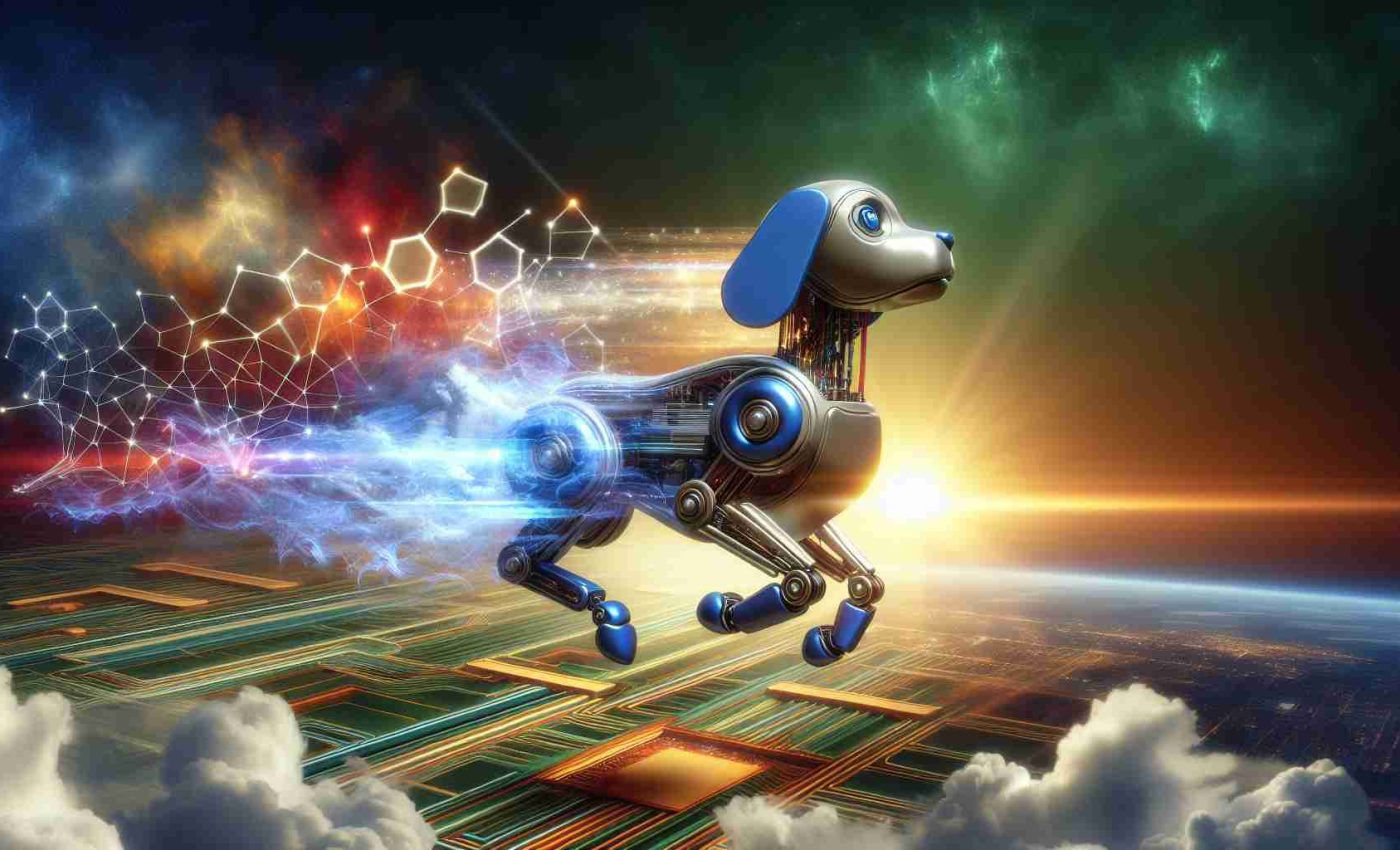 Imagine a high-definition, realistic image that visually represents the success of an AI company boosted by the progression of a prominent technology and chipset manufacturer. Symbolize this through an image of a conceptual robot dog, in homage to the company's name, soaring high in the sky amidst advancing technology, highlighted by an aura of triumphant colors. This should convey groundbreaking achievements and promising developments in technology.