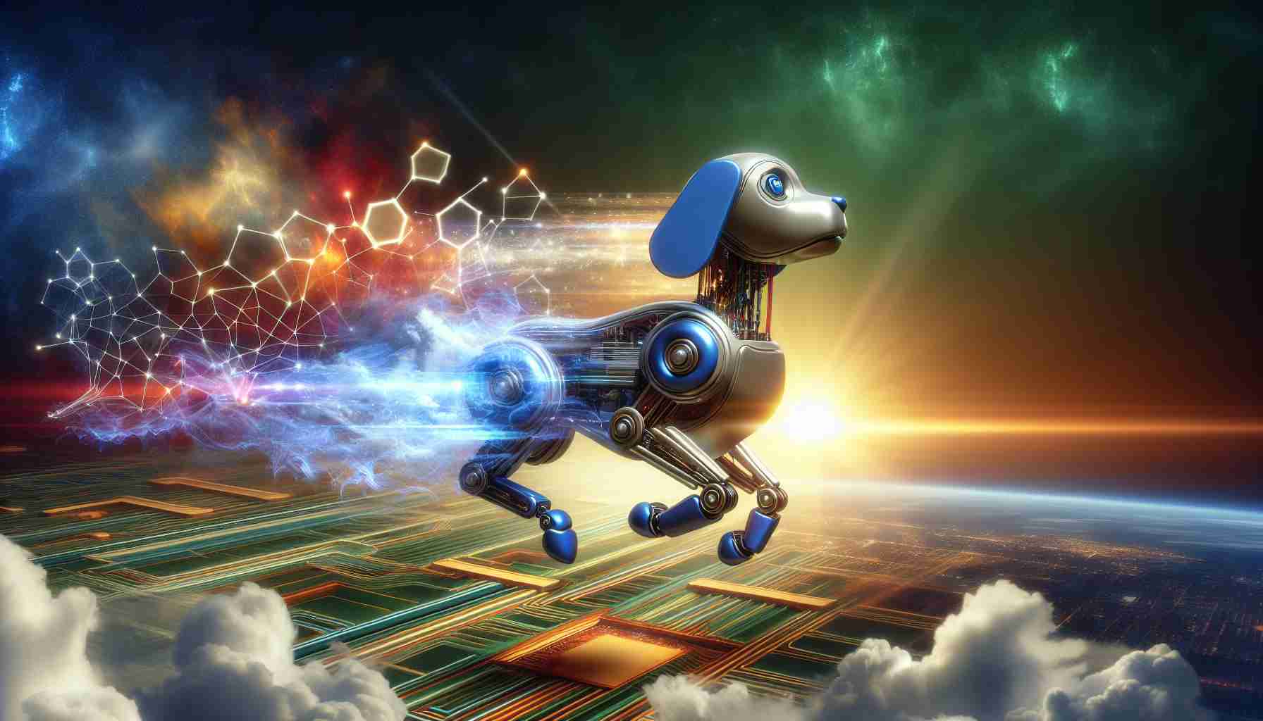 Imagine a high-definition, realistic image that visually represents the success of an AI company boosted by the progression of a prominent technology and chipset manufacturer. Symbolize this through an image of a conceptual robot dog, in homage to the company's name, soaring high in the sky amidst advancing technology, highlighted by an aura of triumphant colors. This should convey groundbreaking achievements and promising developments in technology.