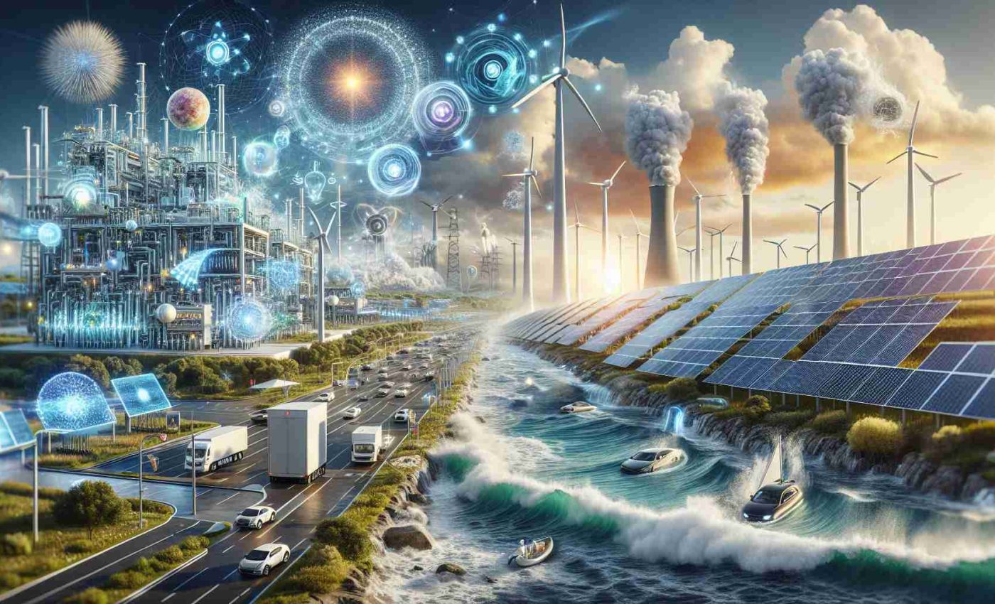 A realistic, high-definition image representing the future of energy, showcasing several groundbreaking innovations that will impact the world. This includes intricate details of clean, renewable energy sources such as solar panels shimmering under the glow of the sun, towering wind turbines against a sky filled with fluffy white clouds, and waves crashing onto the shore near a tidal energy plant. Also, depict smart grids infused with AI technology, representing efficiency and sustainability in energy management. Zoom in on electric vehicles plugged into charging stations, and fusion reactors representing the promise of infinite, clean energy.