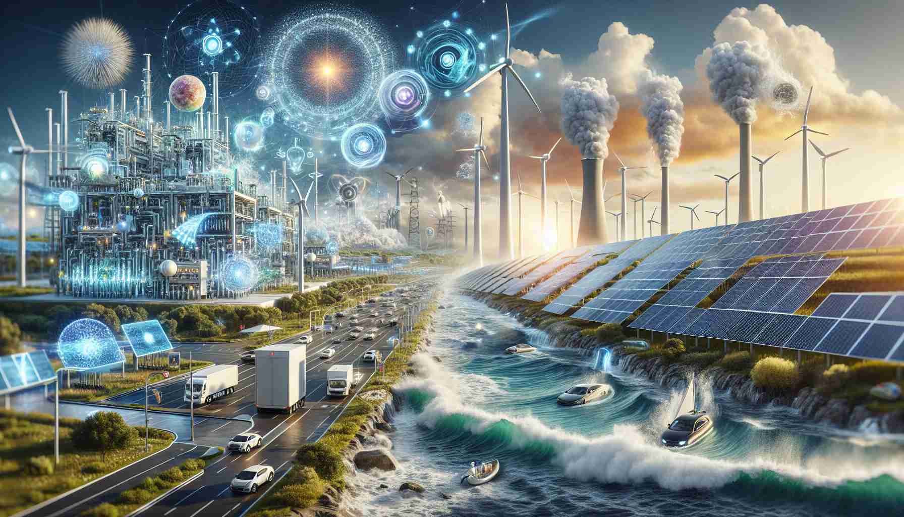 A realistic, high-definition image representing the future of energy, showcasing several groundbreaking innovations that will impact the world. This includes intricate details of clean, renewable energy sources such as solar panels shimmering under the glow of the sun, towering wind turbines against a sky filled with fluffy white clouds, and waves crashing onto the shore near a tidal energy plant. Also, depict smart grids infused with AI technology, representing efficiency and sustainability in energy management. Zoom in on electric vehicles plugged into charging stations, and fusion reactors representing the promise of infinite, clean energy.