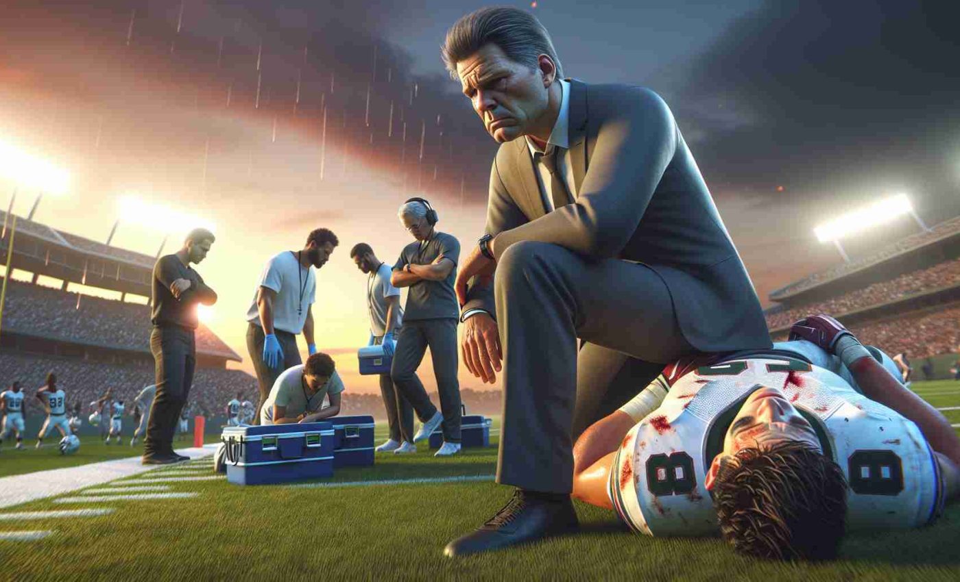 An ultra high-definition, realistic depiction of a somber moment on a football field. The coach, emotions etched on his face, is grappling with disappointment. In the background, a rookie tight end, distinguishable by his uniform number, lies on the grass in pain, surrounded by medical staff. The setting sun in the horizon hints at the approaching end of the season.