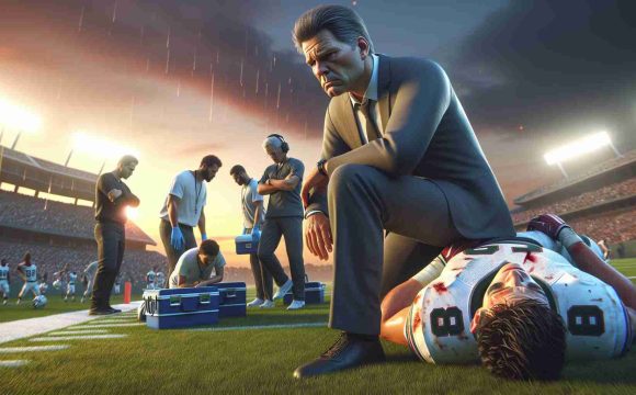 An ultra high-definition, realistic depiction of a somber moment on a football field. The coach, emotions etched on his face, is grappling with disappointment. In the background, a rookie tight end, distinguishable by his uniform number, lies on the grass in pain, surrounded by medical staff. The setting sun in the horizon hints at the approaching end of the season.