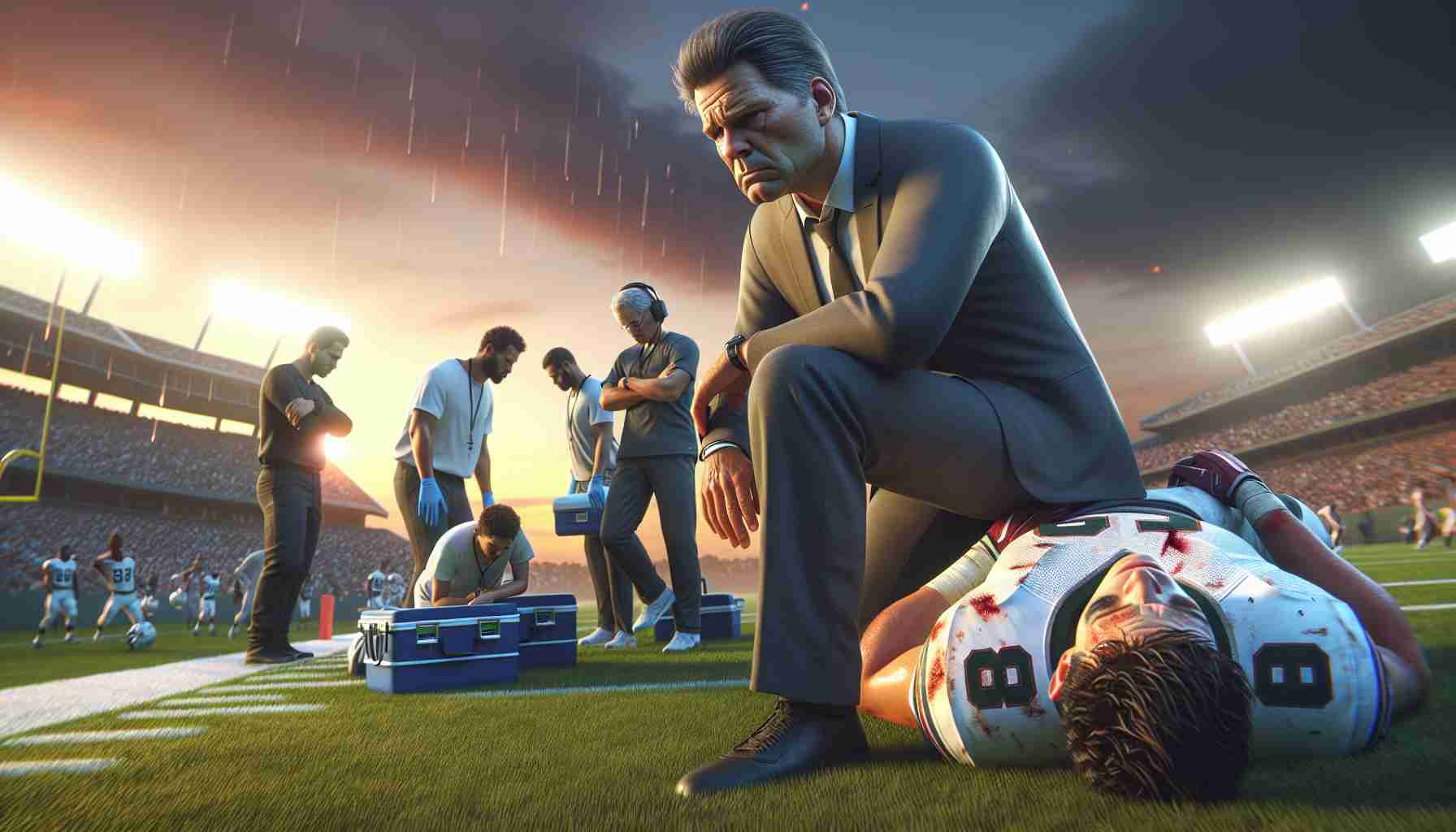 An ultra high-definition, realistic depiction of a somber moment on a football field. The coach, emotions etched on his face, is grappling with disappointment. In the background, a rookie tight end, distinguishable by his uniform number, lies on the grass in pain, surrounded by medical staff. The setting sun in the horizon hints at the approaching end of the season.