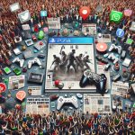 A high-definition, realistic image portraying the concept of the overwhelming hype surrounding a very popular, yet-to-be-released video game in the action-adventure genre, symbolized by a crowd of excited people, gaming controllers, game boxes, social media icons and newspaper headlines.