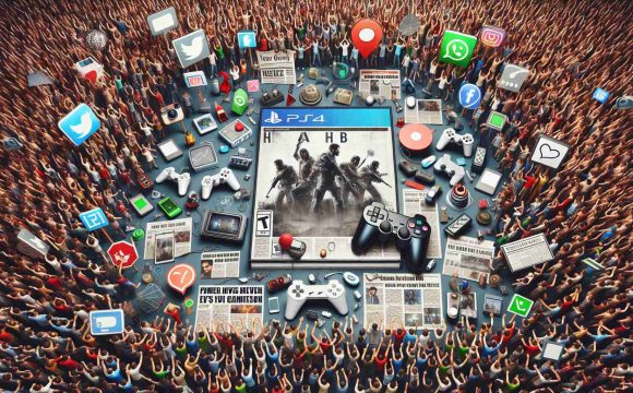 A high-definition, realistic image portraying the concept of the overwhelming hype surrounding a very popular, yet-to-be-released video game in the action-adventure genre, symbolized by a crowd of excited people, gaming controllers, game boxes, social media icons and newspaper headlines.