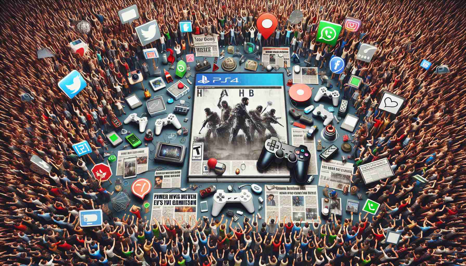 A high-definition, realistic image portraying the concept of the overwhelming hype surrounding a very popular, yet-to-be-released video game in the action-adventure genre, symbolized by a crowd of excited people, gaming controllers, game boxes, social media icons and newspaper headlines.