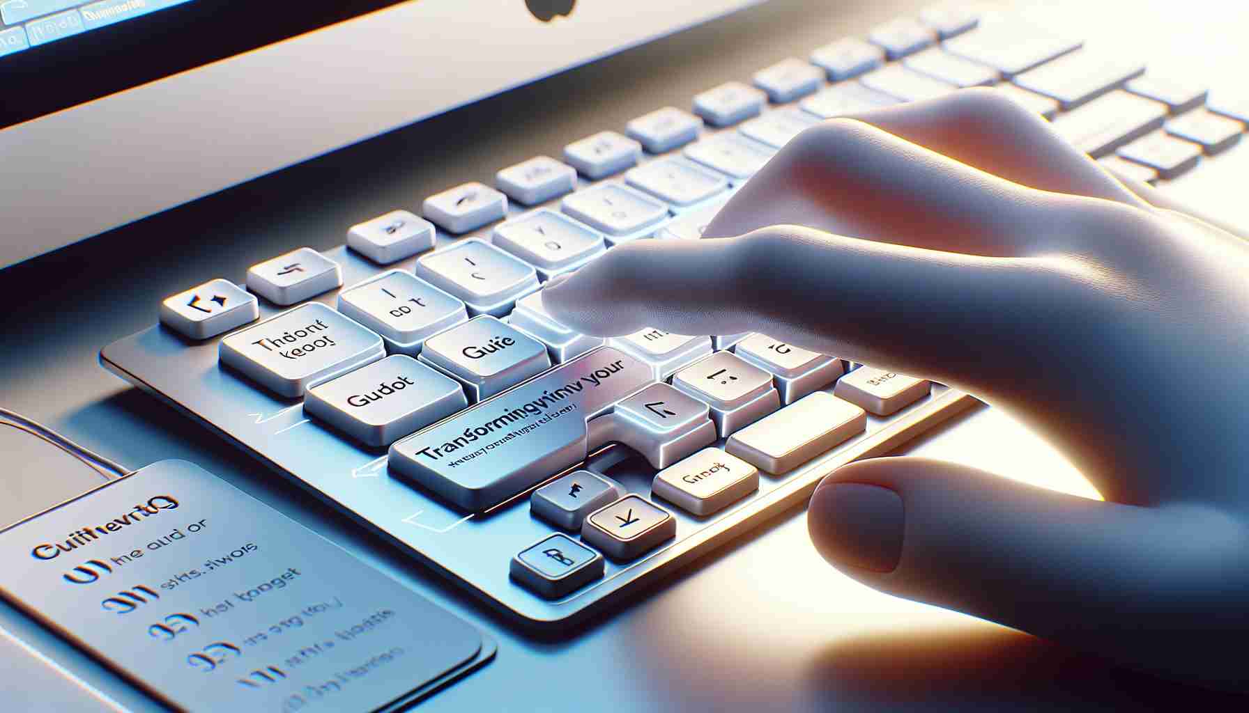 Render a realistic HD photo showcasing a simple guide for transforming your keyboard shortcuts. The guide should be on a navigational theme, with clear and concise instructions. The scene can consist of a well-designed user manual or digital interface on a modern computer screen. The keyboard can display various shortcut key combinations, with each associated with a different navigational function. The image can also reflect signs of user interaction like a hand resting on the keyboard, ready to apply the shortcuts.