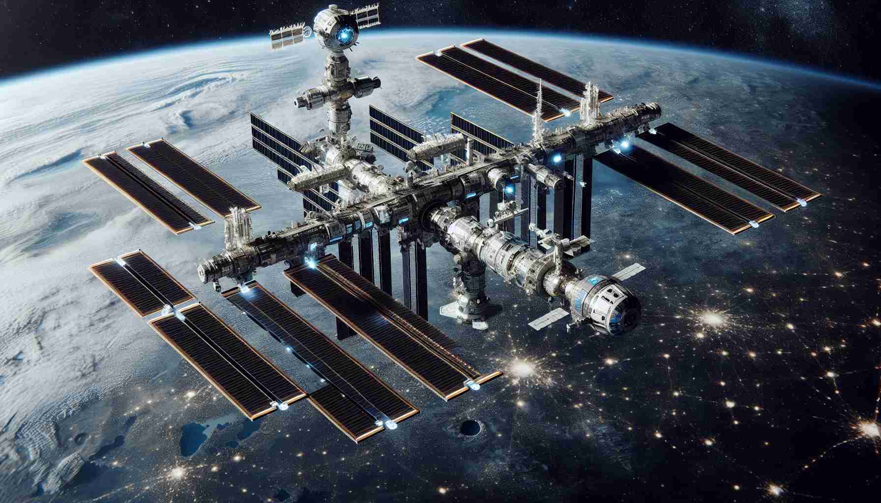 A high-definition, realistic image of the International Space Station (ISS), serving as the gateway to future space exploration. This image should capture the arrival of new technologies that are transforming the way we explore space. It might depict advanced machinery, satellites, or tech-oriented modules attached to the station and contributing to its futuristic appeal. The backdrop can include the star-studded immensity of space, possibly earth visible at a distance beneath the orbiting station.