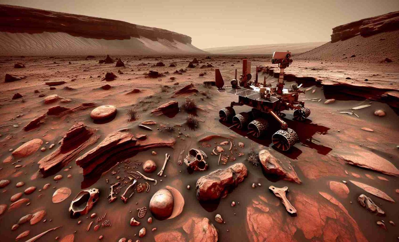 A high-definition image depicting a Martian landscape, with a space rover of Chinese origin exploring the terrain. There are signs of what was once an ancient ocean, such as dried up canals and the remnants of aquatic formations. Fossils and other signs of ancient aquatic life are strewn about, adding to the significance of the discovery. The sky is a dusty red, typical of Mars, with the occasional dark streak visible. The ground is uneven and rocky, displaying the harshness of the planet's environment.