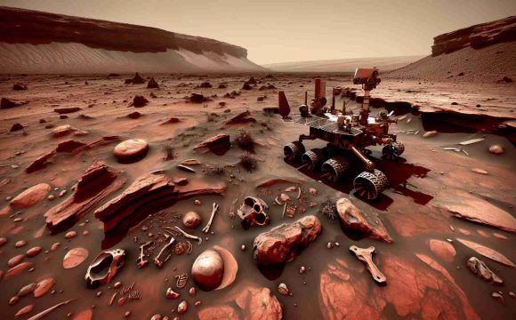 A high-definition image depicting a Martian landscape, with a space rover of Chinese origin exploring the terrain. There are signs of what was once an ancient ocean, such as dried up canals and the remnants of aquatic formations. Fossils and other signs of ancient aquatic life are strewn about, adding to the significance of the discovery. The sky is a dusty red, typical of Mars, with the occasional dark streak visible. The ground is uneven and rocky, displaying the harshness of the planet's environment.