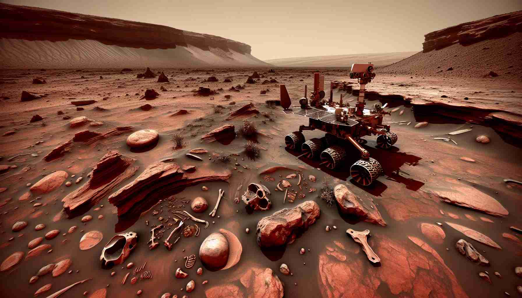 A high-definition image depicting a Martian landscape, with a space rover of Chinese origin exploring the terrain. There are signs of what was once an ancient ocean, such as dried up canals and the remnants of aquatic formations. Fossils and other signs of ancient aquatic life are strewn about, adding to the significance of the discovery. The sky is a dusty red, typical of Mars, with the occasional dark streak visible. The ground is uneven and rocky, displaying the harshness of the planet's environment.