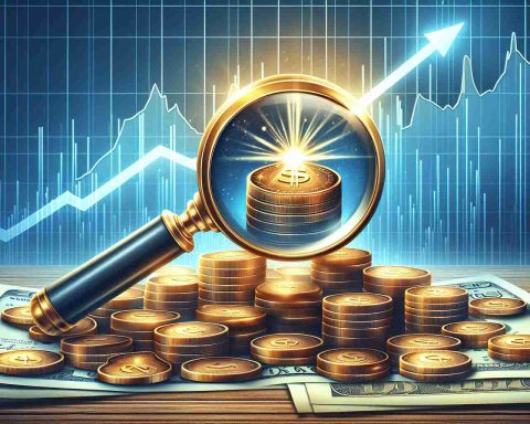 An illustration that represents the concept of undiscovered penny stocks with high potential. Design it in a realistic HD style. The image should feature a bed of low value coins that symbolize penny stocks, a magnifying glass zooming in on one of those coin which is shining brightly to signify a hidden gem. The background can display a skyrocketing graph chart to indicate portfolio growth.