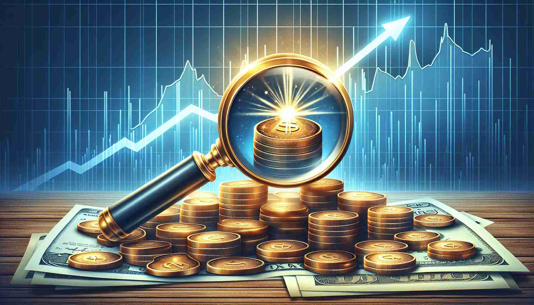 An illustration that represents the concept of undiscovered penny stocks with high potential. Design it in a realistic HD style. The image should feature a bed of low value coins that symbolize penny stocks, a magnifying glass zooming in on one of those coin which is shining brightly to signify a hidden gem. The background can display a skyrocketing graph chart to indicate portfolio growth.