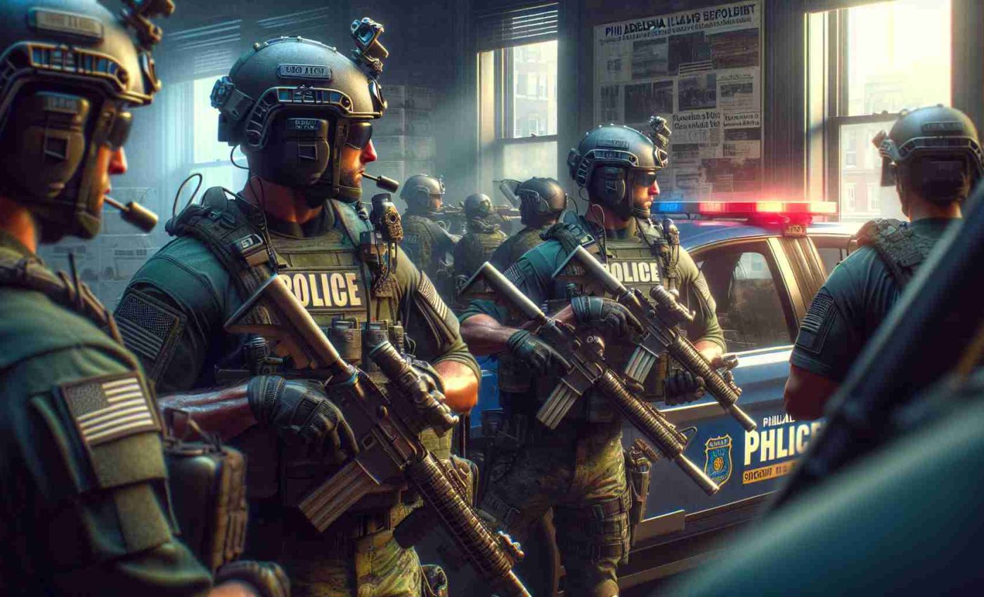 Realistic high-definition image showcasing Philadelphia law enforcement officers preparing for potential civil unrest, motivated by concerns propagated on online social networks.