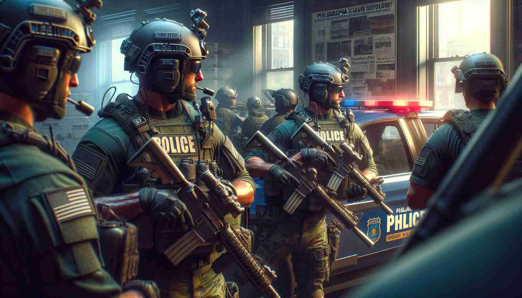 Realistic high-definition image showcasing Philadelphia law enforcement officers preparing for potential civil unrest, motivated by concerns propagated on online social networks.