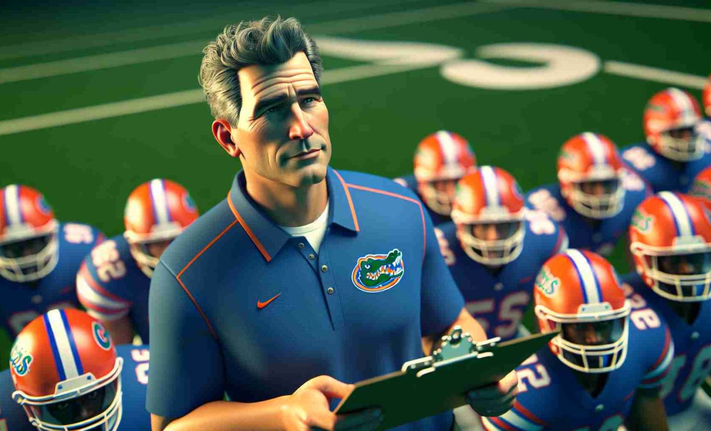 A realistic, high-definition image of a generic college football coach who looks confident and determined, standing on the sidelines of a football field, holding a clipboard and preparing his team for the game. He wears the orange and blue attire of the team, known as the Gators. There's a sense of relief and confidence amongst the players, reflecting the continued trust in their coach.