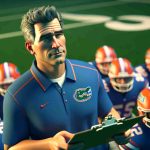 A realistic, high-definition image of a generic college football coach who looks confident and determined, standing on the sidelines of a football field, holding a clipboard and preparing his team for the game. He wears the orange and blue attire of the team, known as the Gators. There's a sense of relief and confidence amongst the players, reflecting the continued trust in their coach.