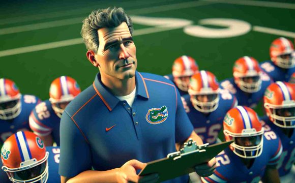 A realistic, high-definition image of a generic college football coach who looks confident and determined, standing on the sidelines of a football field, holding a clipboard and preparing his team for the game. He wears the orange and blue attire of the team, known as the Gators. There's a sense of relief and confidence amongst the players, reflecting the continued trust in their coach.