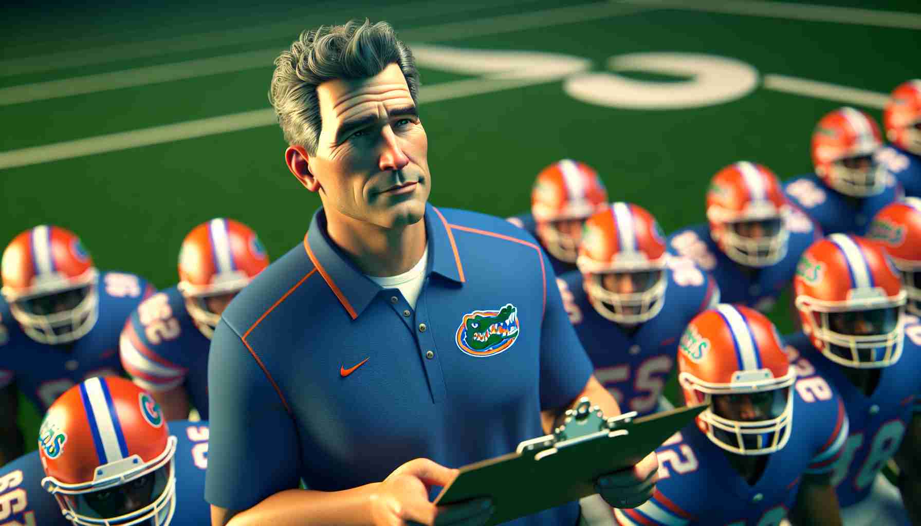 A realistic, high-definition image of a generic college football coach who looks confident and determined, standing on the sidelines of a football field, holding a clipboard and preparing his team for the game. He wears the orange and blue attire of the team, known as the Gators. There's a sense of relief and confidence amongst the players, reflecting the continued trust in their coach.