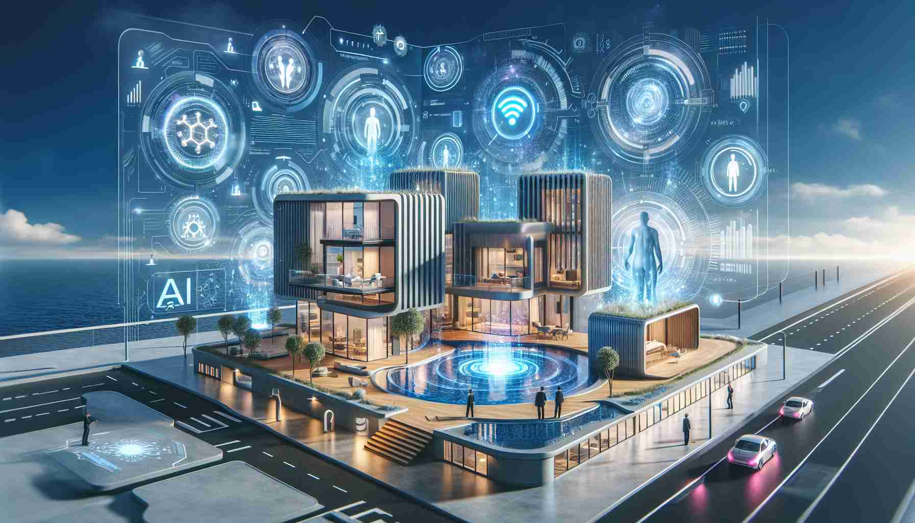 An Ultra HD, realistic illustration of an innovative concept visualizing the future of hospitality influenced by artificial intelligence. Picture a modern hosting platform with AI-driven features like predictive analytics, personalized recommendations, and automated home management. Imagine how that would revolutionize the hospitality industry. Architectural details could include futuristic smart homes or apartments, with touch screens, voice controlled automation, and integrated systems. Human figures could be depicted engaging with the technology, exemplifying the human-tech interaction at its core.