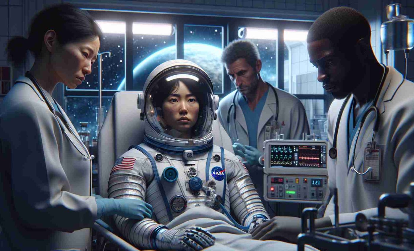 A HD realistic image depicting a scene inspired by space exploration. It shows a hospital room with medical equipment and a patient, who seems to be an astronaut in a NASA spacesuit. There are two doctors, one Caucasian woman and one Black man, attending to the astronaut, their faces reflecting concern and intrigue. The window in the background reveals a night sky with stars, underscoring the urgency of the situation. The astronaut's helmet is off, showing an Asian woman with short hair looking weak but determined. The scene is filled with mystery, bringing forth the idea of hidden secrets and danger.