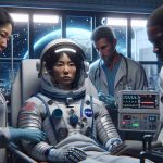 A HD realistic image depicting a scene inspired by space exploration. It shows a hospital room with medical equipment and a patient, who seems to be an astronaut in a NASA spacesuit. There are two doctors, one Caucasian woman and one Black man, attending to the astronaut, their faces reflecting concern and intrigue. The window in the background reveals a night sky with stars, underscoring the urgency of the situation. The astronaut's helmet is off, showing an Asian woman with short hair looking weak but determined. The scene is filled with mystery, bringing forth the idea of hidden secrets and danger.