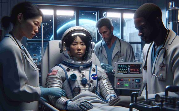 A HD realistic image depicting a scene inspired by space exploration. It shows a hospital room with medical equipment and a patient, who seems to be an astronaut in a NASA spacesuit. There are two doctors, one Caucasian woman and one Black man, attending to the astronaut, their faces reflecting concern and intrigue. The window in the background reveals a night sky with stars, underscoring the urgency of the situation. The astronaut's helmet is off, showing an Asian woman with short hair looking weak but determined. The scene is filled with mystery, bringing forth the idea of hidden secrets and danger.