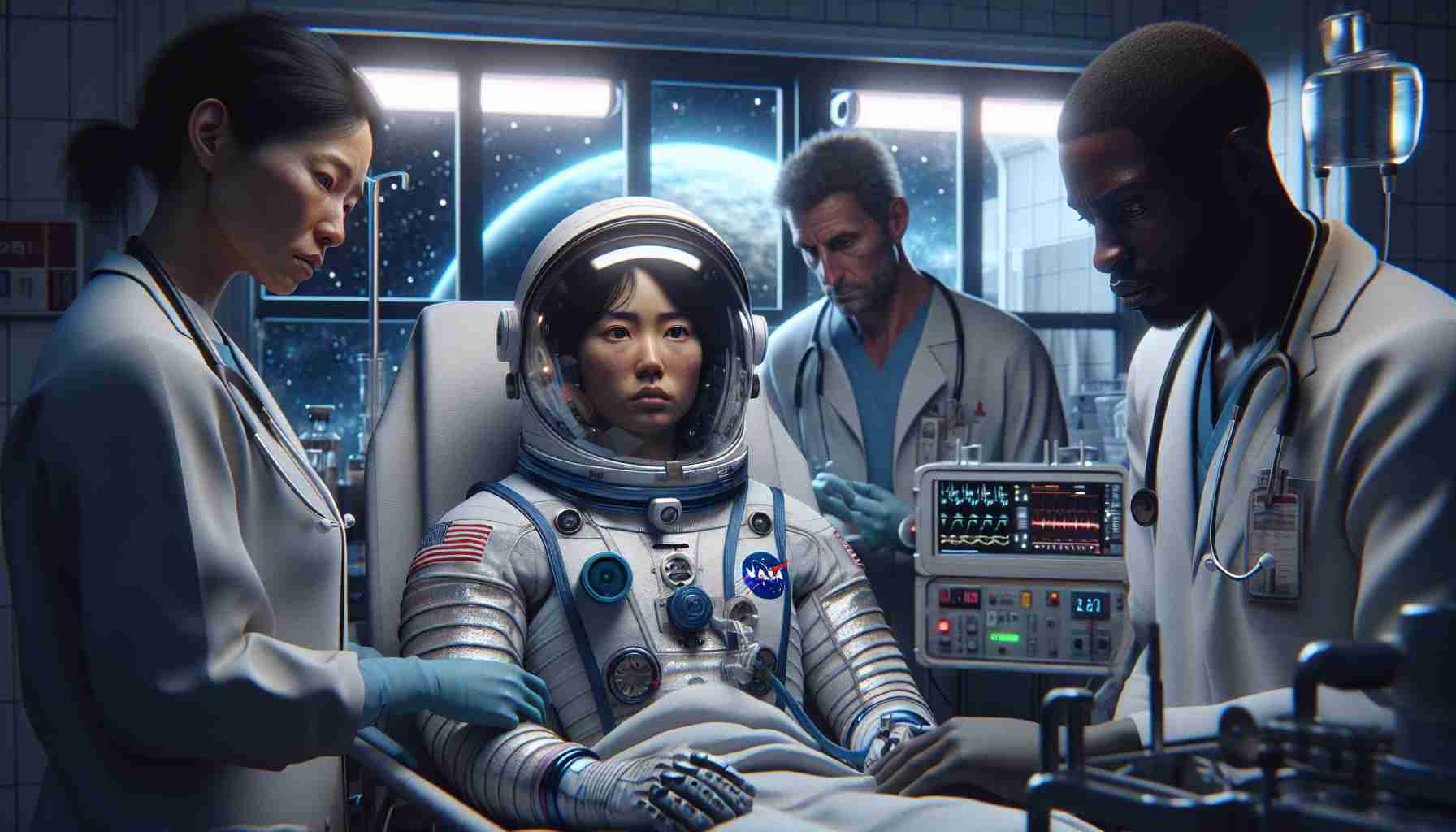 A HD realistic image depicting a scene inspired by space exploration. It shows a hospital room with medical equipment and a patient, who seems to be an astronaut in a NASA spacesuit. There are two doctors, one Caucasian woman and one Black man, attending to the astronaut, their faces reflecting concern and intrigue. The window in the background reveals a night sky with stars, underscoring the urgency of the situation. The astronaut's helmet is off, showing an Asian woman with short hair looking weak but determined. The scene is filled with mystery, bringing forth the idea of hidden secrets and danger.