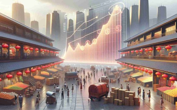 High-definition, realistic representation of an abstract concept: grand marketplace representative of Alibaba, facing tangible symbols of economic difficulties in China. Incorporate elements such as falling graphs, and tension in the ambiance, to depict the setback in sales. The marketplace should be bustling, with vendors and buyers looking concerned, symbolising the current economic climate.