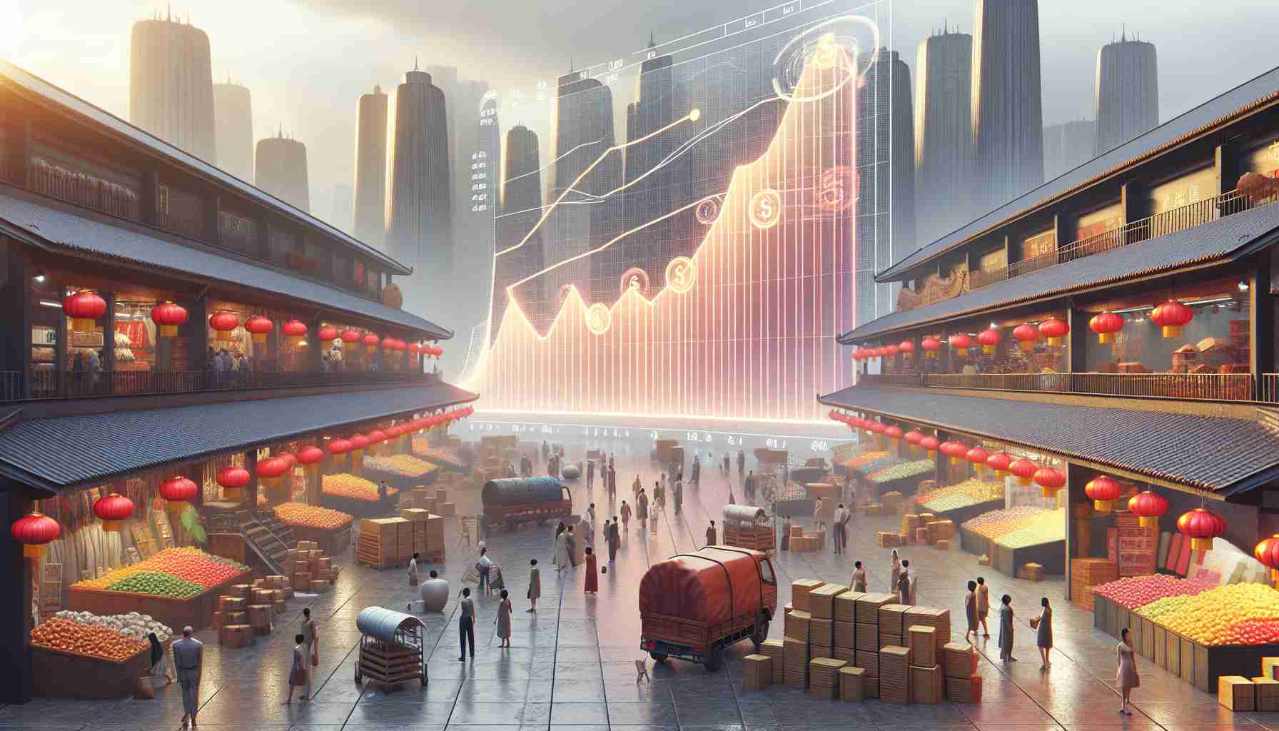 High-definition, realistic representation of an abstract concept: grand marketplace representative of Alibaba, facing tangible symbols of economic difficulties in China. Incorporate elements such as falling graphs, and tension in the ambiance, to depict the setback in sales. The marketplace should be bustling, with vendors and buyers looking concerned, symbolising the current economic climate.