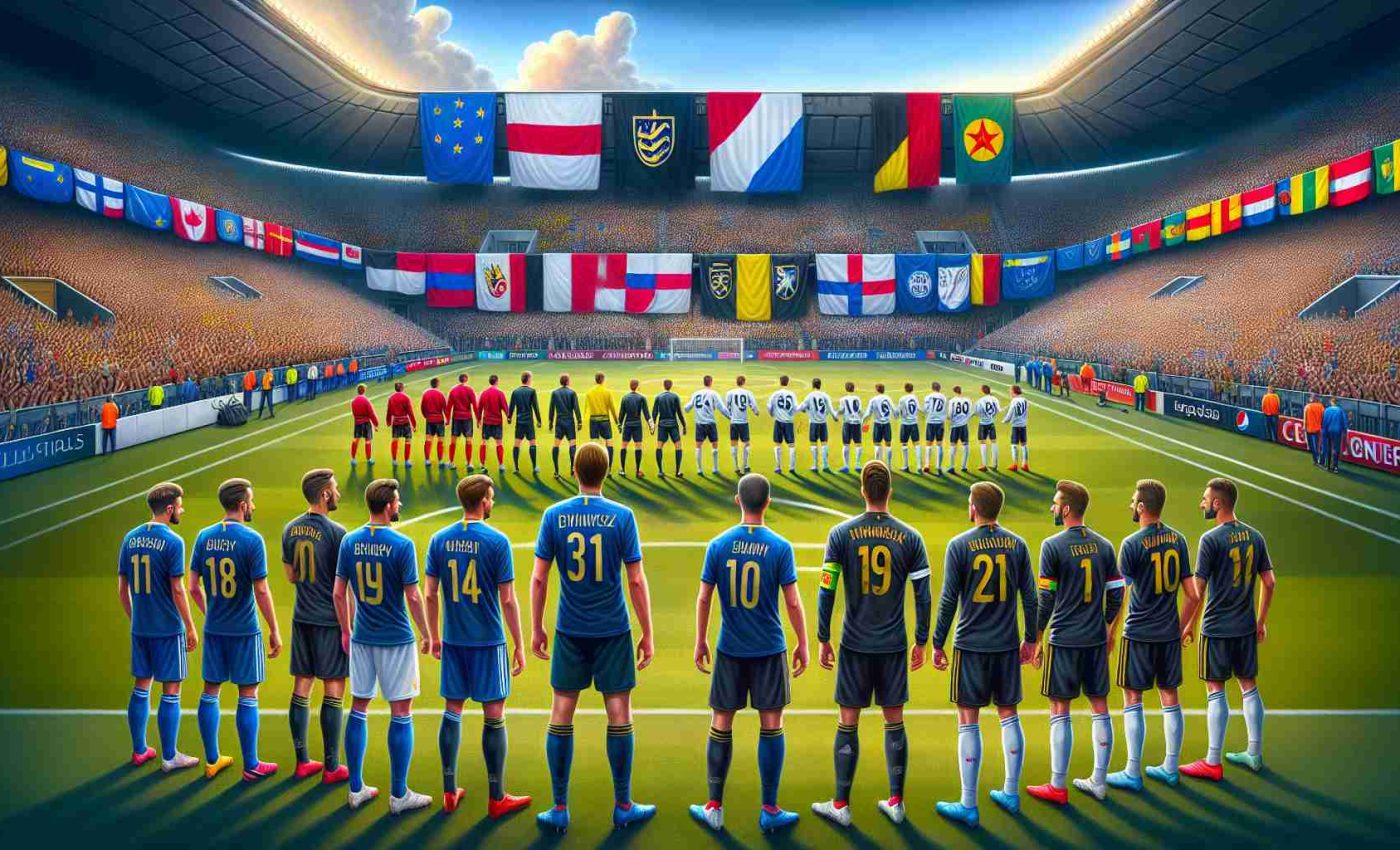 Create a highly-detailed, realistic painting showing two top-tier football teams preparing to compete in a major European football tournament. The teams' insignias are carefully displayed on their jerseys. Players from each team are lined up with a sense of anticipation and determination in their eyes; some are performing warm-up drills, others engage in tactical discussions with their coaches. The stadium around them buzzes with excitement, filled with fans waving flags of their teams' colors. Please note: avoid specific logos, player likenesses, or team names.