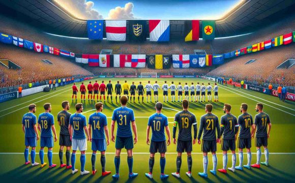 Create a highly-detailed, realistic painting showing two top-tier football teams preparing to compete in a major European football tournament. The teams' insignias are carefully displayed on their jerseys. Players from each team are lined up with a sense of anticipation and determination in their eyes; some are performing warm-up drills, others engage in tactical discussions with their coaches. The stadium around them buzzes with excitement, filled with fans waving flags of their teams' colors. Please note: avoid specific logos, player likenesses, or team names.