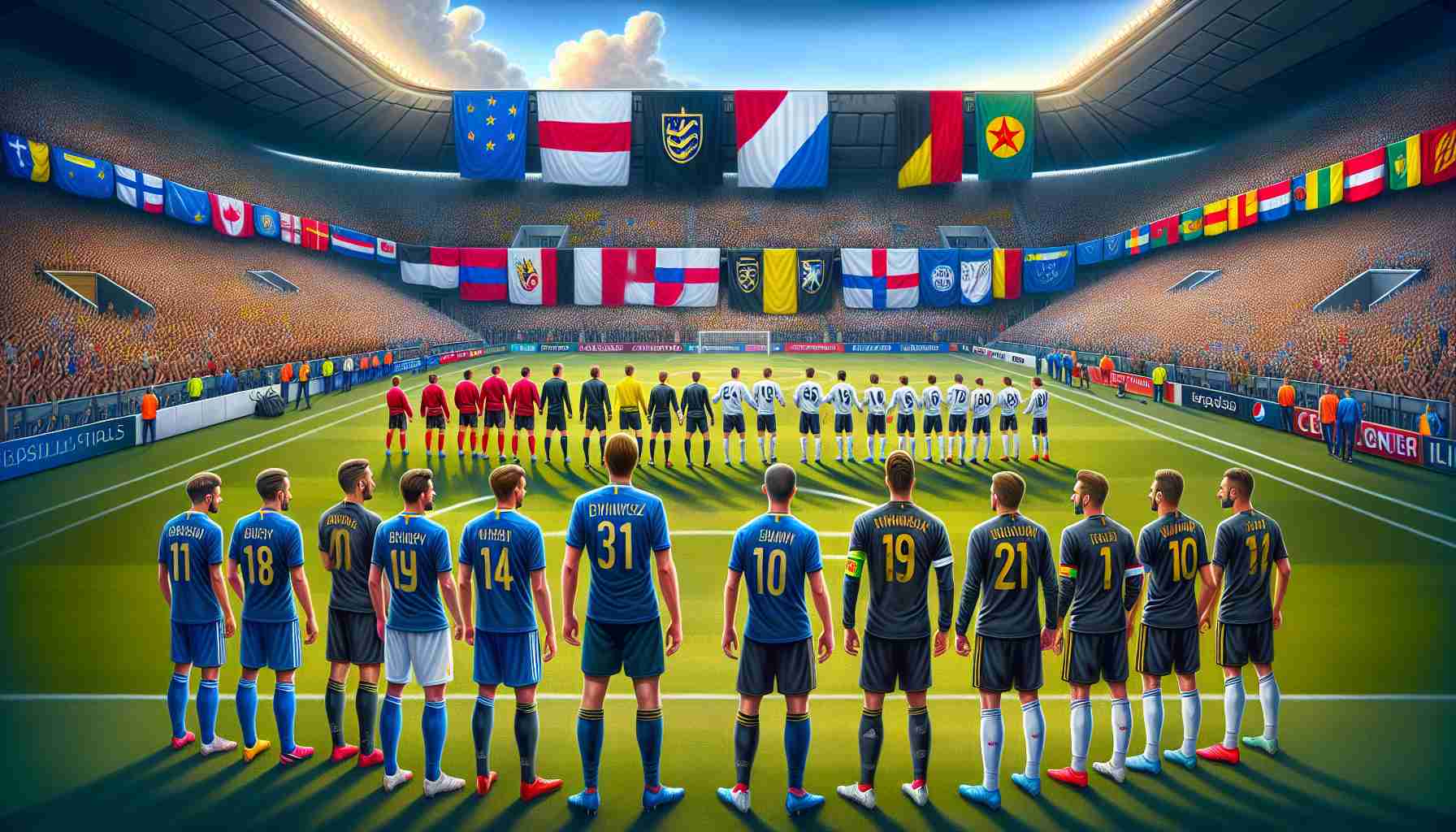 Create a highly-detailed, realistic painting showing two top-tier football teams preparing to compete in a major European football tournament. The teams' insignias are carefully displayed on their jerseys. Players from each team are lined up with a sense of anticipation and determination in their eyes; some are performing warm-up drills, others engage in tactical discussions with their coaches. The stadium around them buzzes with excitement, filled with fans waving flags of their teams' colors. Please note: avoid specific logos, player likenesses, or team names.