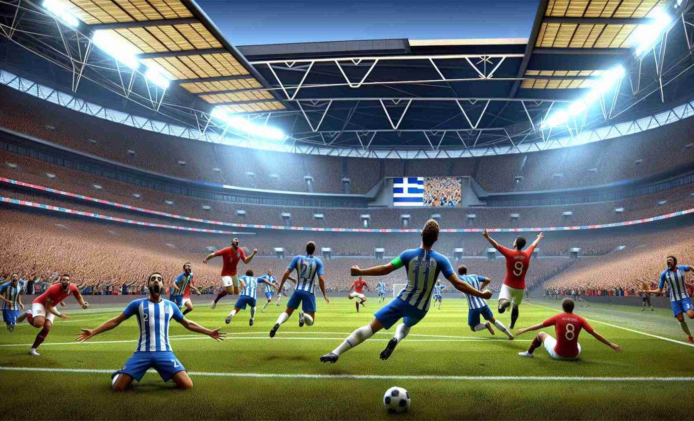 High-definition realistic image of a surprising triumph. A soccer match is unfolding at the full, brightly-lit Wembley Stadium. The Greek soccer team, adorned in their traditional blue and white kit, are churning out an unbelievable performance against their English counterparts in the red and white kit. The intensity and exultation of the Greek players can be seen as they seemingly conquer the field again and again. On the other side, one can see the English players grappling with the shock of this unexpected challenge. The spectators' faces express a range of emotions from disbelief, shock to mild admiration.