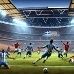 High-definition realistic image of a surprising triumph. A soccer match is unfolding at the full, brightly-lit Wembley Stadium. The Greek soccer team, adorned in their traditional blue and white kit, are churning out an unbelievable performance against their English counterparts in the red and white kit. The intensity and exultation of the Greek players can be seen as they seemingly conquer the field again and again. On the other side, one can see the English players grappling with the shock of this unexpected challenge. The spectators' faces express a range of emotions from disbelief, shock to mild admiration.