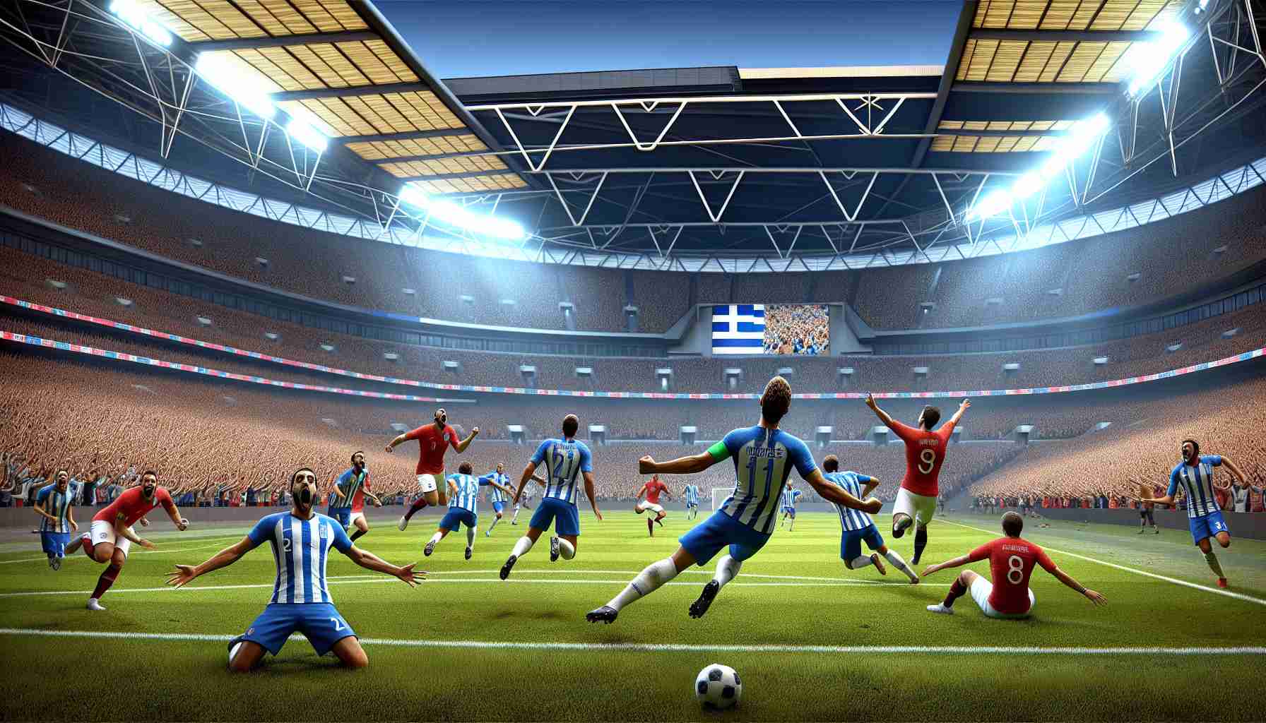 High-definition realistic image of a surprising triumph. A soccer match is unfolding at the full, brightly-lit Wembley Stadium. The Greek soccer team, adorned in their traditional blue and white kit, are churning out an unbelievable performance against their English counterparts in the red and white kit. The intensity and exultation of the Greek players can be seen as they seemingly conquer the field again and again. On the other side, one can see the English players grappling with the shock of this unexpected challenge. The spectators' faces express a range of emotions from disbelief, shock to mild admiration.