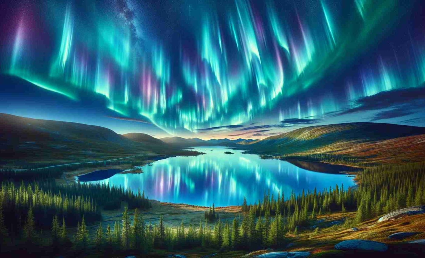 Create a detailed and high-definition image representing a spectacular sky show. Show the northern lights, otherwise known as aurora borealis, radiating stunning hues of green, blue, and purple. The sky should seem to dance with these vibrant colors, creating a mesmerizing display. Add a view of the Scandinavian wilderness below with gently undulating hills, a few evergreen trees, and a calm mirror-like lake that reflects the stunning spectacle above. Include the 'southern skies' viewing point in the scene to imply an unusual occurrence.