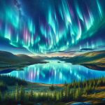 Create a detailed and high-definition image representing a spectacular sky show. Show the northern lights, otherwise known as aurora borealis, radiating stunning hues of green, blue, and purple. The sky should seem to dance with these vibrant colors, creating a mesmerizing display. Add a view of the Scandinavian wilderness below with gently undulating hills, a few evergreen trees, and a calm mirror-like lake that reflects the stunning spectacle above. Include the 'southern skies' viewing point in the scene to imply an unusual occurrence.