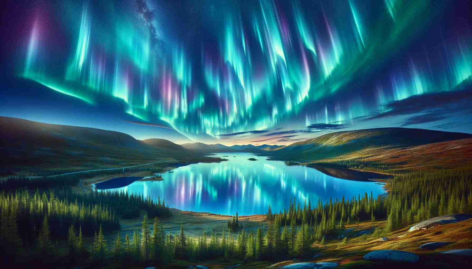 Create a detailed and high-definition image representing a spectacular sky show. Show the northern lights, otherwise known as aurora borealis, radiating stunning hues of green, blue, and purple. The sky should seem to dance with these vibrant colors, creating a mesmerizing display. Add a view of the Scandinavian wilderness below with gently undulating hills, a few evergreen trees, and a calm mirror-like lake that reflects the stunning spectacle above. Include the 'southern skies' viewing point in the scene to imply an unusual occurrence.