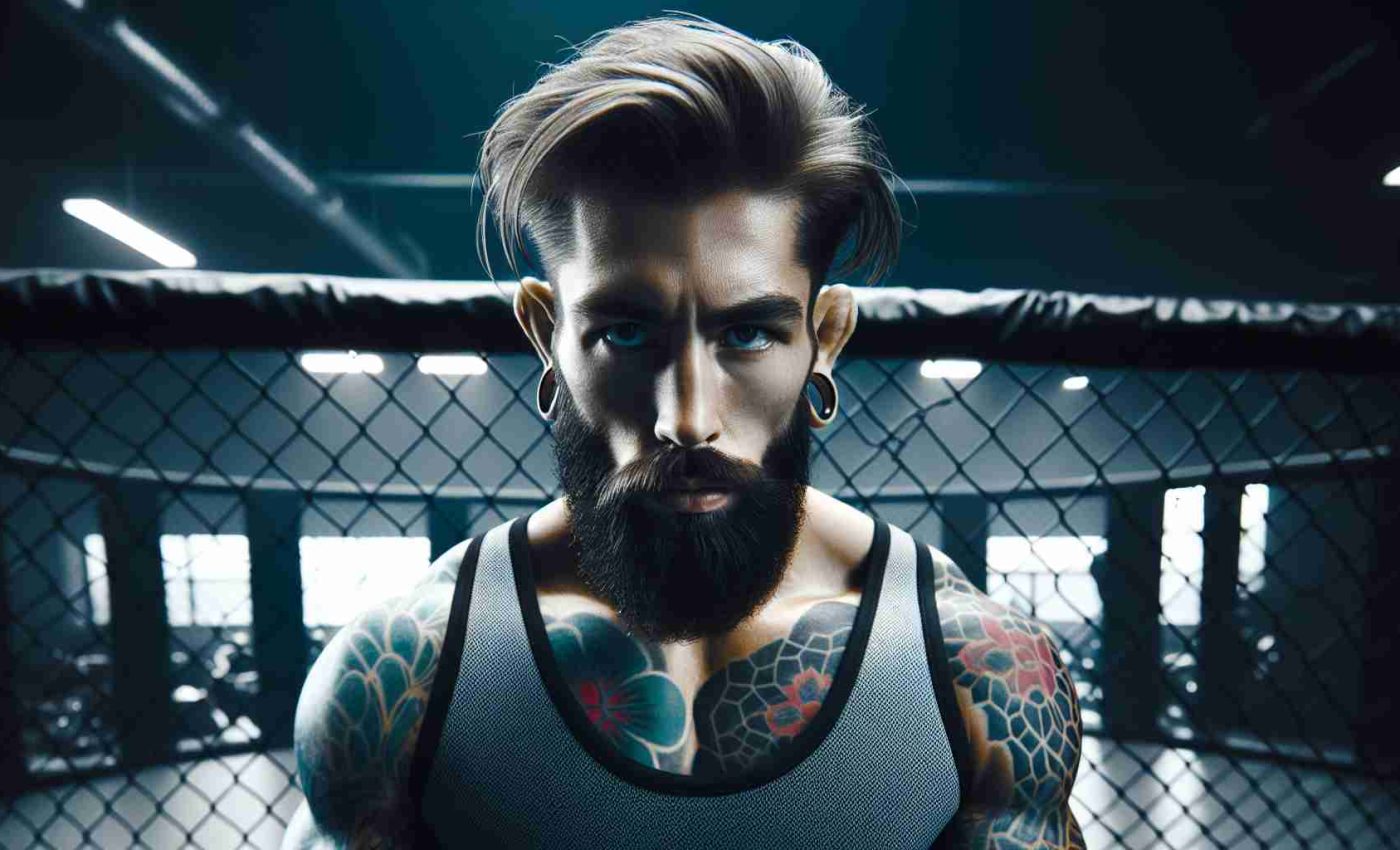 Generate a realistic and high-definition image illustrating the theme 'The Future of an anonymous MMA Fighter: Beyond the Octagon'. Let your imagination take you to the future of this fighter, consider his prolific career as an aggressive fighter who is recognised for his distinctive facial hair and tattoos. He could be seen training young apprentices in a modern, well-equipped gym or maybe he has transitioned to a different sports-related field. Critically, keep his identity shrouded.