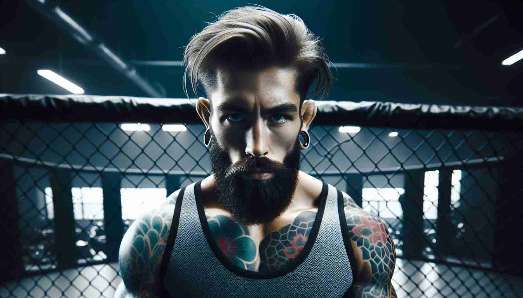 Generate a realistic and high-definition image illustrating the theme 'The Future of an anonymous MMA Fighter: Beyond the Octagon'. Let your imagination take you to the future of this fighter, consider his prolific career as an aggressive fighter who is recognised for his distinctive facial hair and tattoos. He could be seen training young apprentices in a modern, well-equipped gym or maybe he has transitioned to a different sports-related field. Critically, keep his identity shrouded.